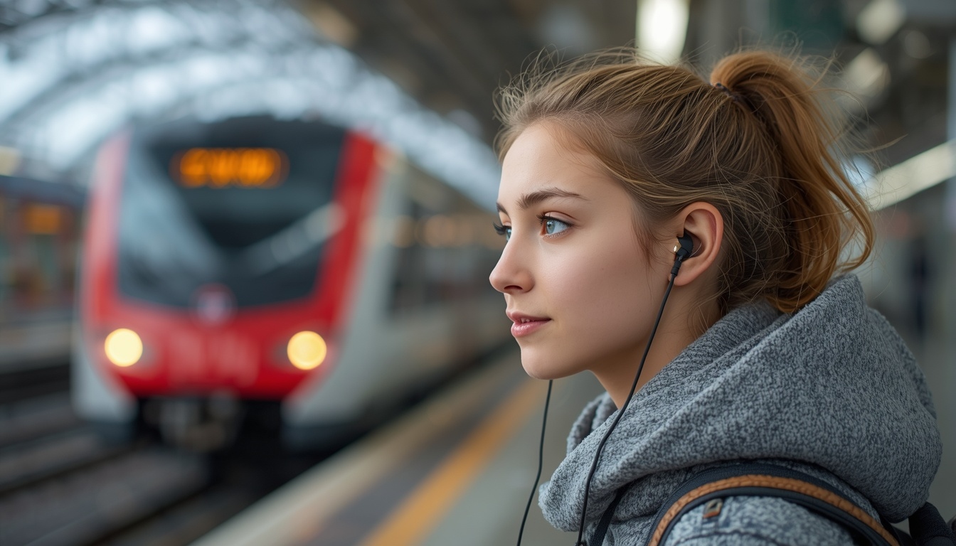 Junge Frau mit Over-Ear-Kopfhörern als ruhiges Technikmotiv.