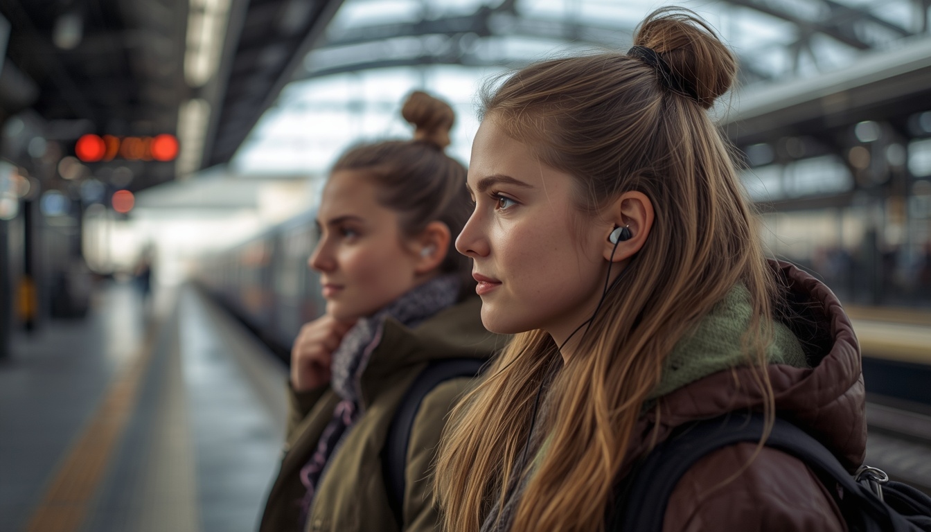 Frau mit leichten In-Ear-Kopfhörern in ruhiger Abendstimmung.