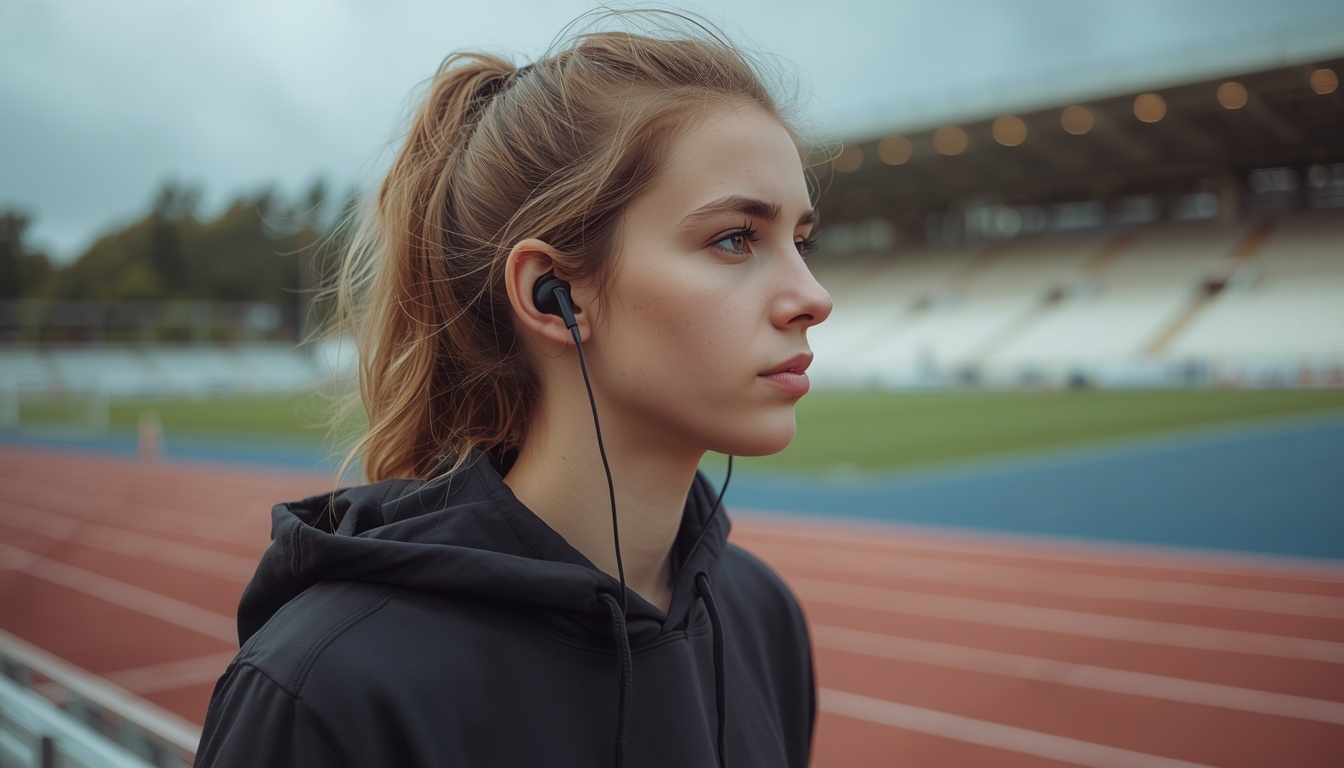 Sportlerin mit Over-Ear-Kopfhörern im Stadionbereich.
